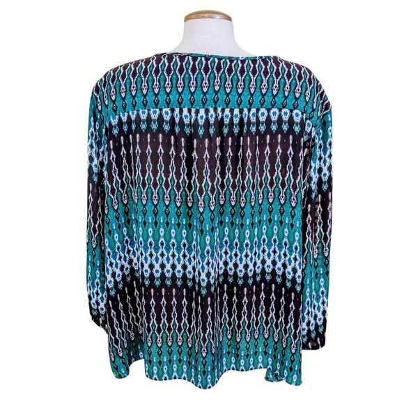 Cato Blouse Women Plus 26/28 Ikat Blue Green Boho Artsy Sleeve Ladder Cutout - Picture 4 of 9
